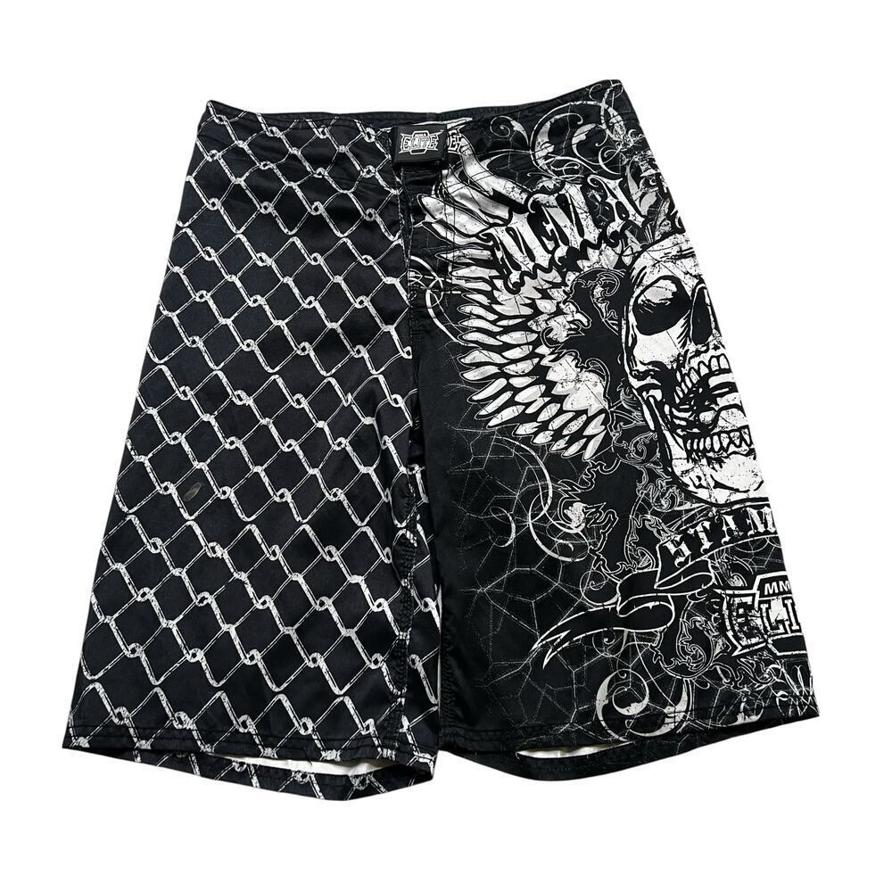 Vintage Y2K MMA Elite Fighting Shorts unisex Sz 30 Black Skull Wings grunge